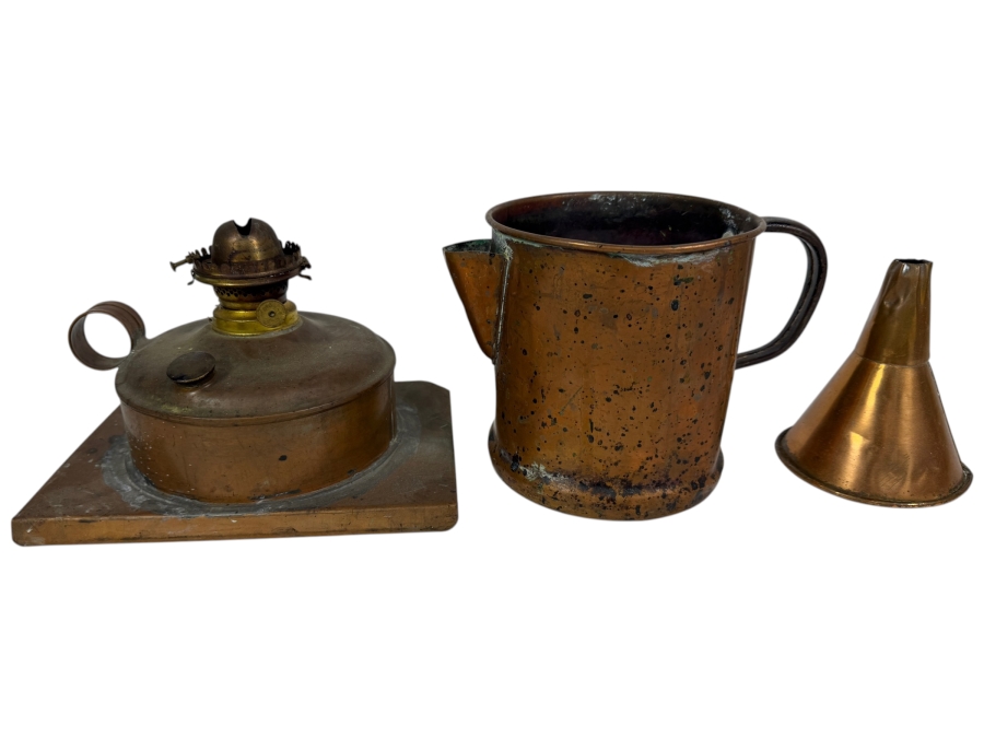 Just Added - Antique Primitive Copper Oil Lamp Tank With Pitcher And Funnel Three Piece Lot 5'H - 5.5'H