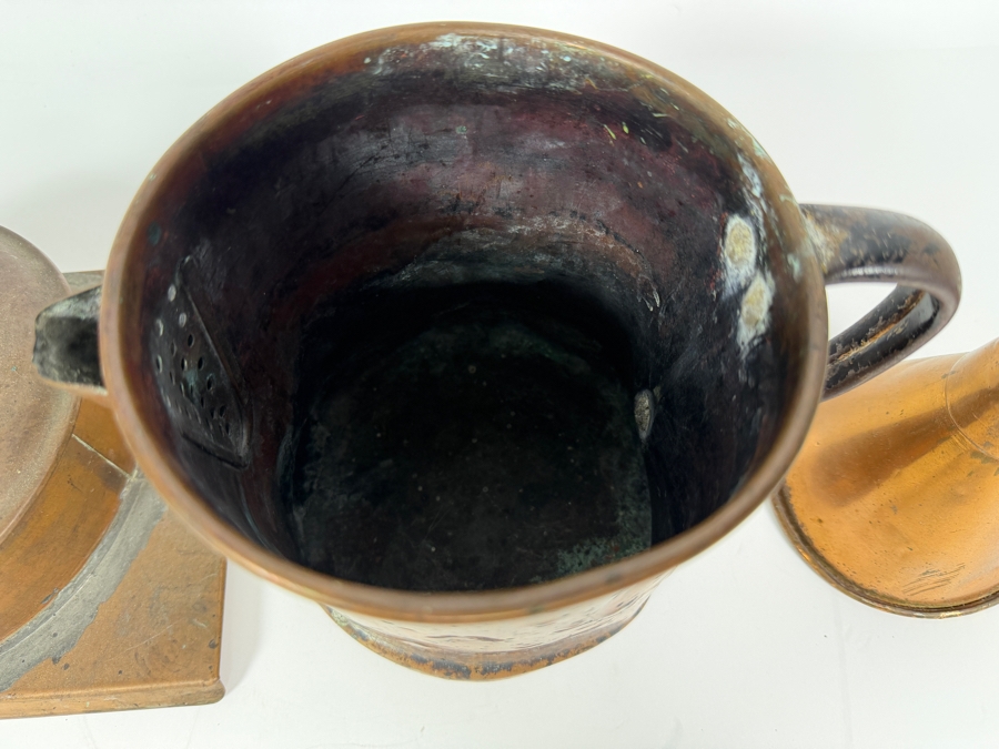 Just Added - Antique Primitive Copper Oil Lamp Tank With Pitcher And Funnel Three Piece Lot 5'H - 5.5'H [Photo 3]