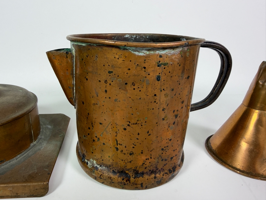Just Added - Antique Primitive Copper Oil Lamp Tank With Pitcher And Funnel Three Piece Lot 5'H - 5.5'H [Photo 2]