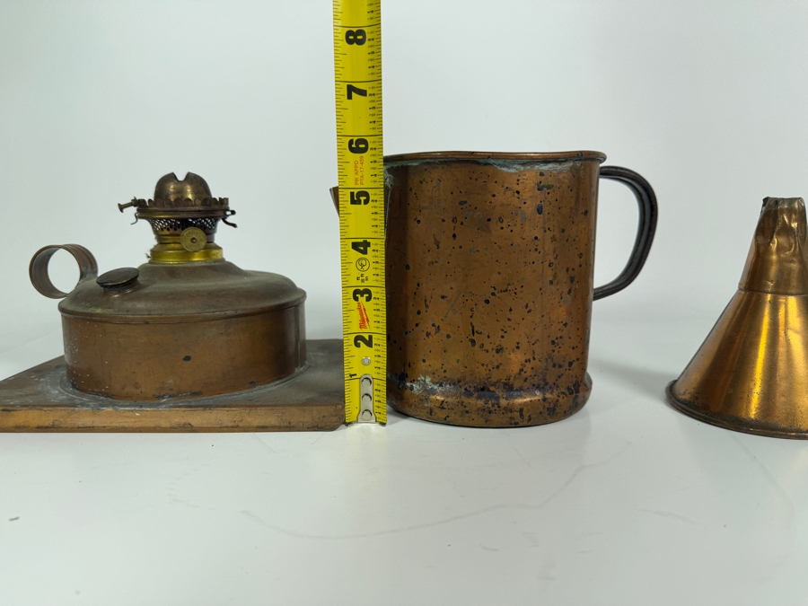 Just Added - Antique Primitive Copper Oil Lamp Tank With Pitcher And Funnel Three Piece Lot 5'H - 5.5'H [Photo 8]