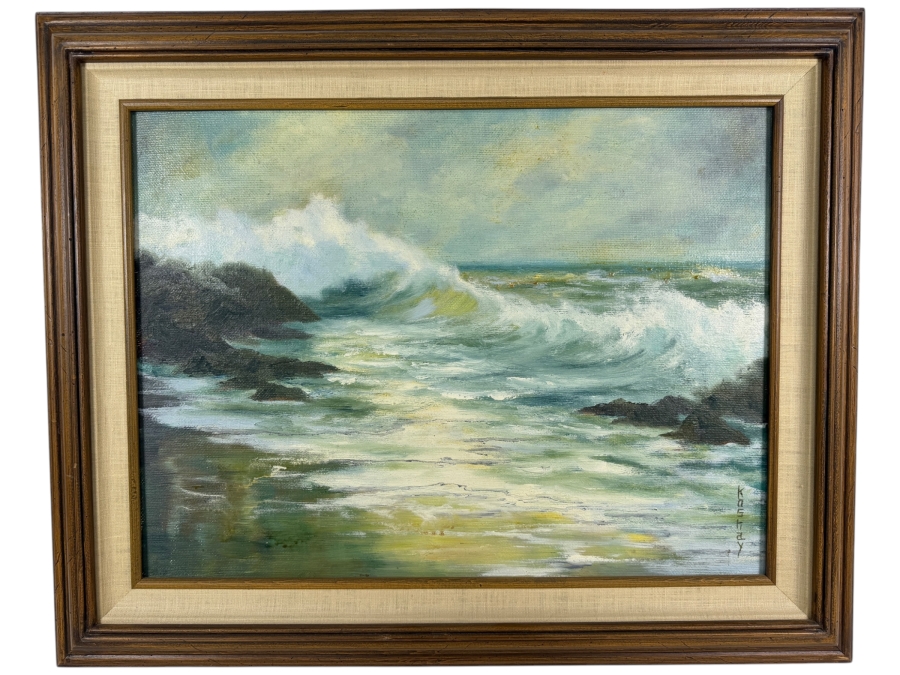 Just Added - Koshay Signed Vintage Impressionist Ocean Seascape Waves Crashing On Rocky Shore Oil Painting 24'W X 18'H Frame: 31'W X 25'H