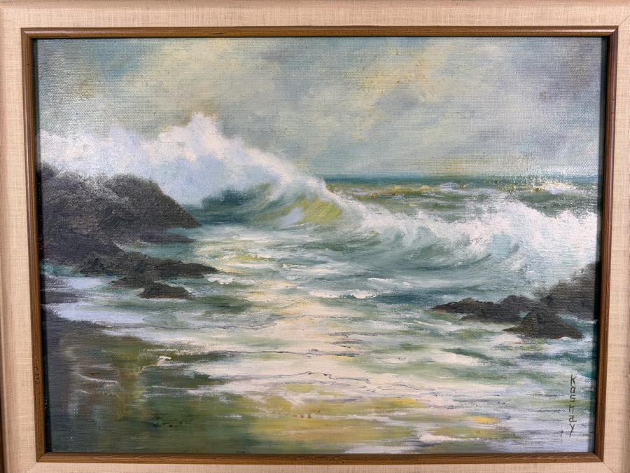 Just Added - Koshay Signed Vintage Impressionist Ocean Seascape Waves Crashing On Rocky Shore Oil Painting 24'W X 18'H Frame: 31'W X 25'H [Photo 2]