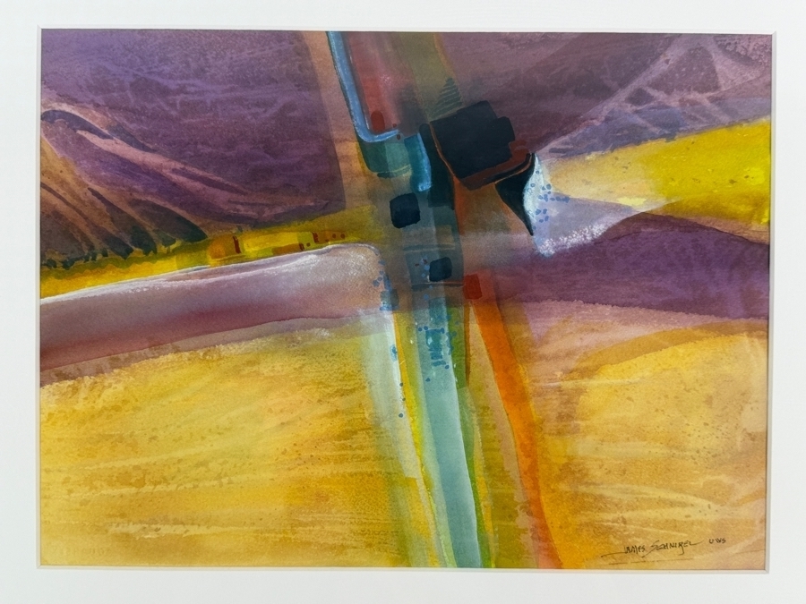 Just Added - James Schnirel UWS Signed Abstract Landscape Purple And Gold Watercolor Painting Framed Art 14'W X 10.5'H Framed: 21'W X 17.5'H [Photo 3]