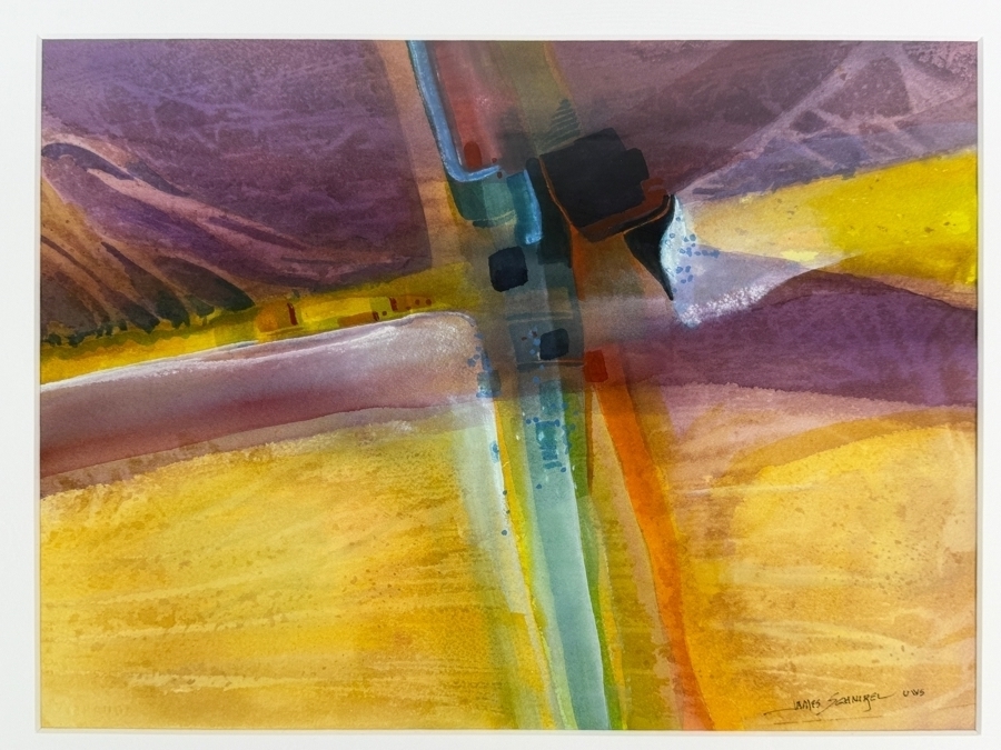 Just Added - James Schnirel UWS Signed Abstract Landscape Purple And Gold Watercolor Painting Framed Art 14'W X 10.5'H Framed: 21'W X 17.5'H