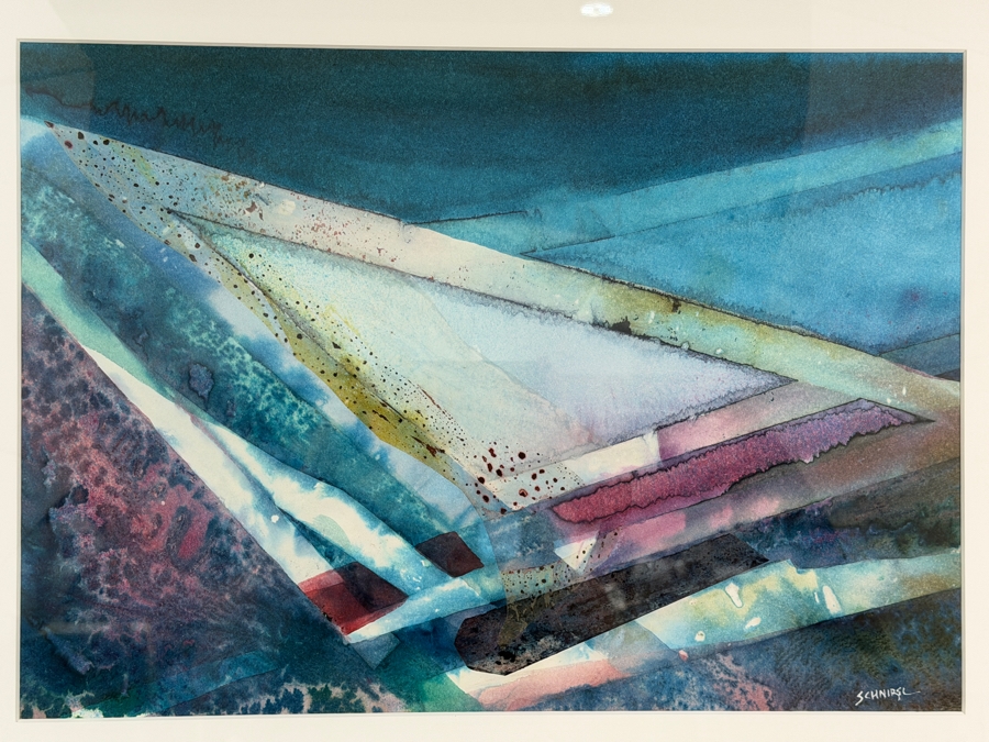 Just Added - James Schnirel Signed Abstract Geometric Teal And Blue Watercolor Painting Framed Art 20'W X 15'H Framed: 31.5' X 25.5'H [Photo 3]