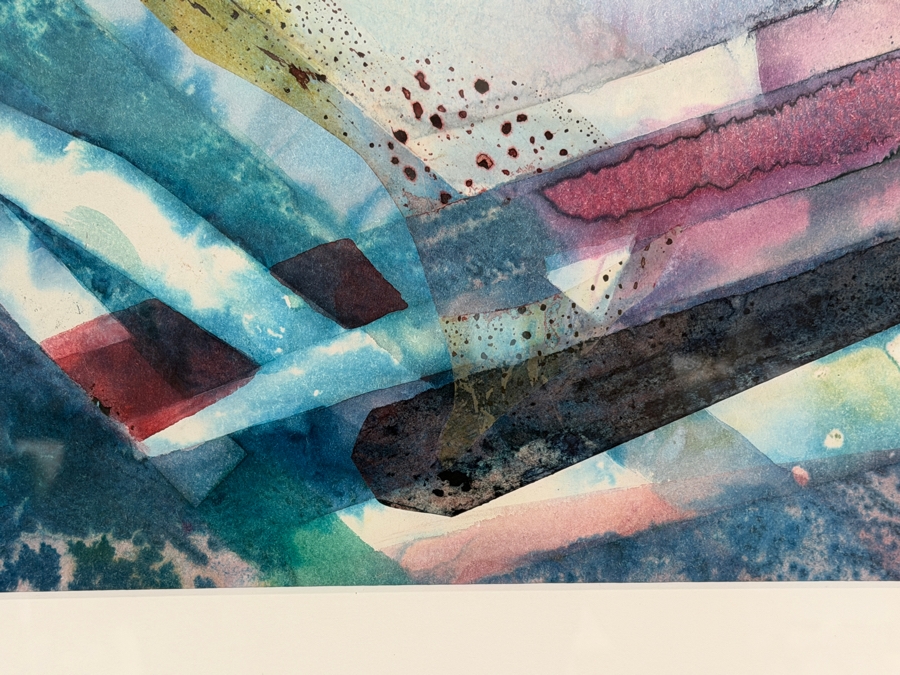 Just Added - James Schnirel Signed Abstract Geometric Teal And Blue Watercolor Painting Framed Art 20'W X 15'H Framed: 31.5' X 25.5'H [Photo 4]