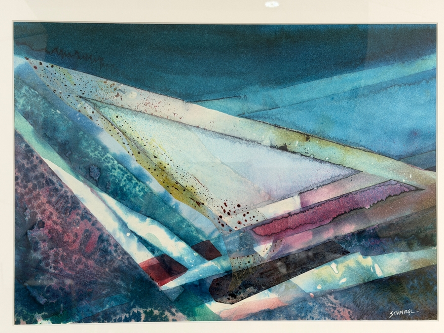Just Added - James Schnirel Signed Abstract Geometric Teal And Blue Watercolor Painting Framed Art 20'W X 15'H Framed: 31.5' X 25.5'H