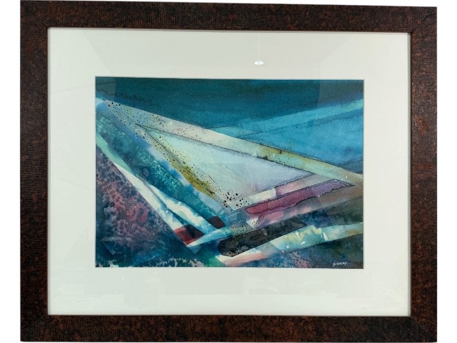 Just Added - James Schnirel Signed Abstract Geometric Teal And Blue Watercolor Painting Framed Art 20'W X 15'H Framed: 31.5' X 25.5'H [Photo 2]