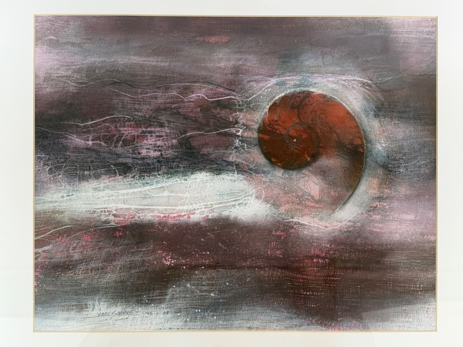 Just Added - James Schnirel Signed Abstract Nautilus Shell Crimson And Purple Watercolor Painting Framed Art 19'W X 15'H Framed: 27'W X 23'H [Photo 3]