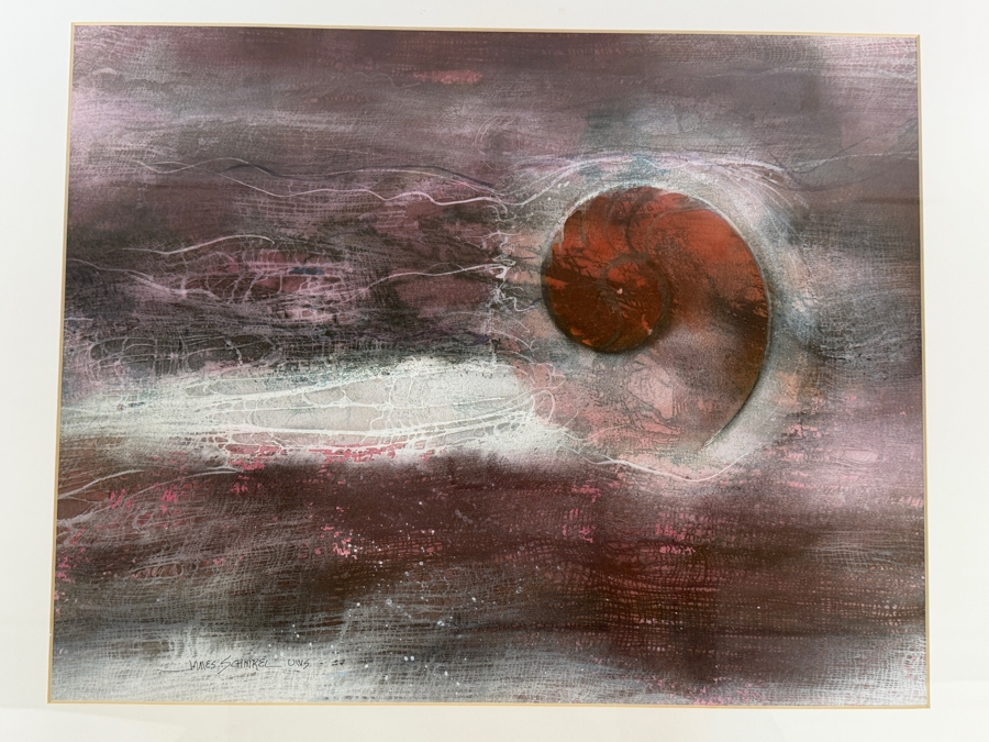 Just Added - James Schnirel Signed Abstract Nautilus Shell Crimson And Purple Watercolor Painting Framed Art 19'W X 15'H Framed: 27'W X 23'H [Photo 5]