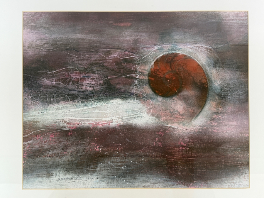 Just Added - James Schnirel Signed Abstract Nautilus Shell Crimson And Purple Watercolor Painting Framed Art 19'W X 15'H Framed: 27'W X 23'H