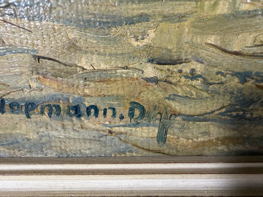 Just Added - Eduard Schloemann Signed Impressionist Steamship Harbor Scene Düsseldorf Oil Painting Framed Art 25.5'W X 20.5'H Framed: 28.5'W X 24'H [Photo 10]