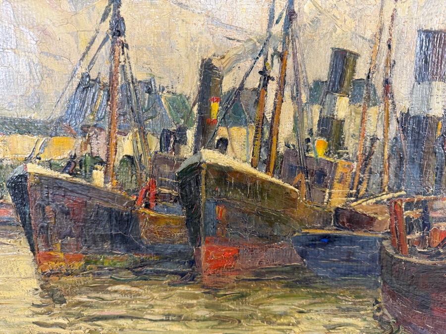 Just Added - Eduard Schloemann Signed Impressionist Steamship Harbor Scene Düsseldorf Oil Painting Framed Art 25.5'W X 20.5'H Framed: 28.5'W X 24'H [Photo 3]