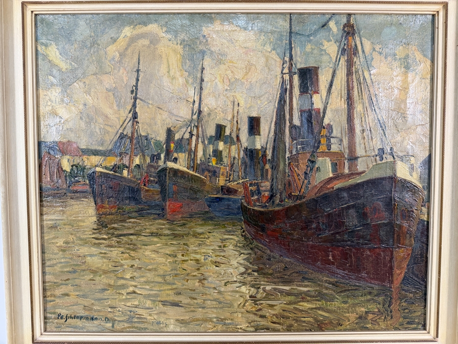 Just Added - Eduard Schloemann Signed Impressionist Steamship Harbor Scene Düsseldorf Oil Painting Framed Art 25.5'W X 20.5'H Framed: 28.5'W X 24'H [Photo 2]