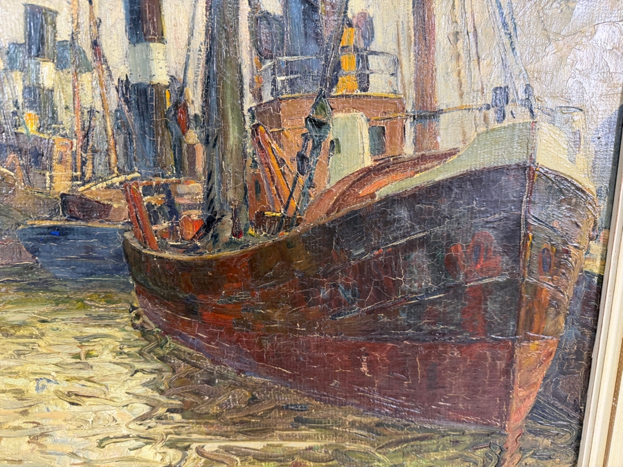 Just Added - Eduard Schloemann Signed Impressionist Steamship Harbor Scene Düsseldorf Oil Painting Framed Art 25.5'W X 20.5'H Framed: 28.5'W X 24'H [Photo 4]