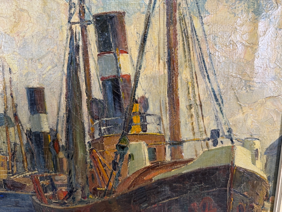 Just Added - Eduard Schloemann Signed Impressionist Steamship Harbor Scene Düsseldorf Oil Painting Framed Art 25.5'W X 20.5'H Framed: 28.5'W X 24'H [Photo 5]