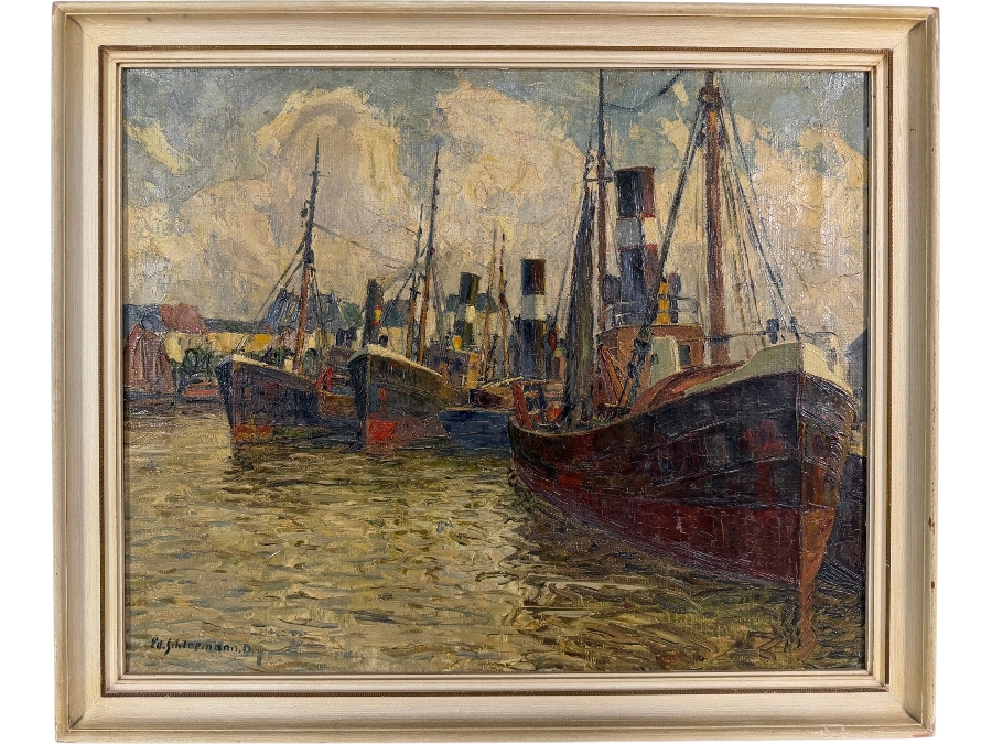 Just Added - Eduard Schloemann Signed Impressionist Steamship Harbor Scene Düsseldorf Oil Painting Framed Art 25.5'W X 20.5'H Framed: 28.5'W X 24'H