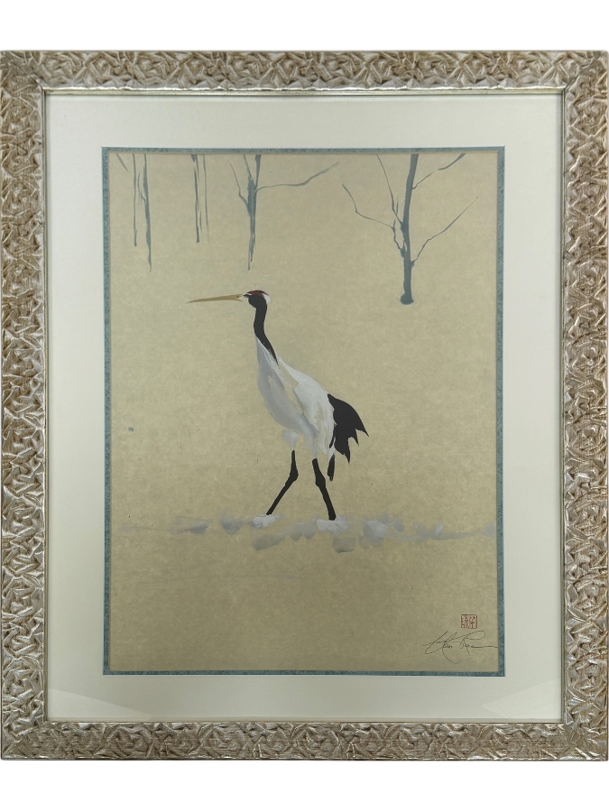 Just Added - Just Added - Nan Rae Signed Chinese Brush Painting Style Red-Crowned Crane Fine Art 17.5'W X 27.5'H Framed: 27'W X 37'H