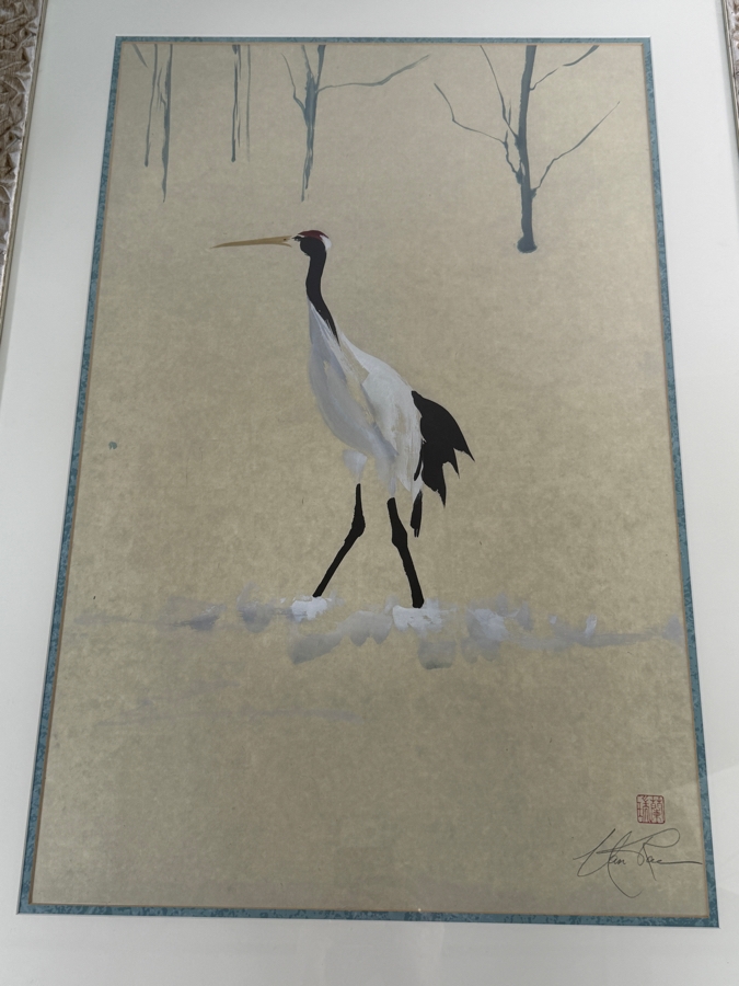 Just Added - Just Added - Nan Rae Signed Chinese Brush Painting Style Red-Crowned Crane Fine Art 17.5'W X 27.5'H Framed: 27'W X 37'H [Photo 3]