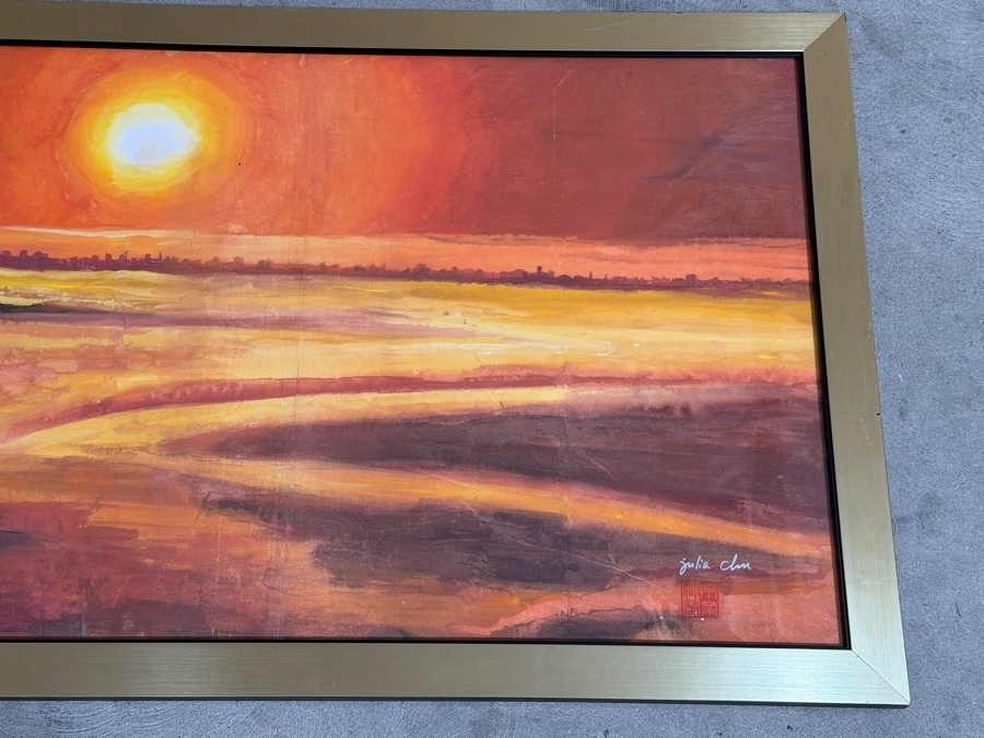 Just Added - Julia Chin Signed San Francisco Golden Gate Bridge Sunset Panoramic Painting Framed Art 71'W X 24'H Framed: 73'W X 28'H [Photo 5]
