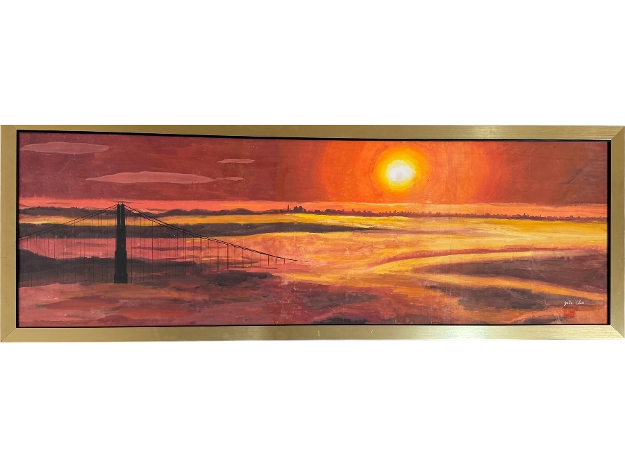 Just Added - Julia Chin Signed San Francisco Golden Gate Bridge Sunset Panoramic Painting Framed Art 71'W X 24'H Framed: 73'W X 28'H