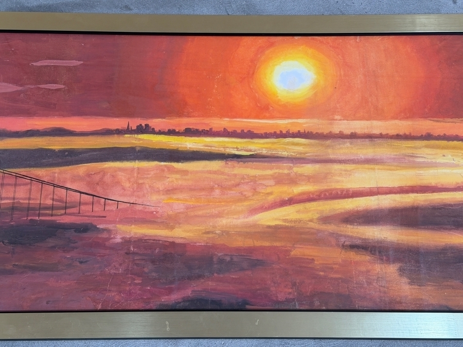 Just Added - Julia Chin Signed San Francisco Golden Gate Bridge Sunset Panoramic Painting Framed Art 71'W X 24'H Framed: 73'W X 28'H [Photo 4]
