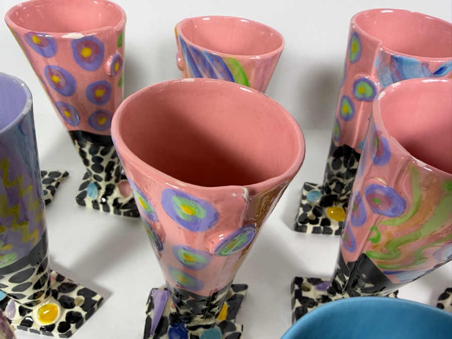Just Added - (15) Retro 1980s Footed Hand Painted Ceramic Cups Signed Individually Underneath (Some Small Paint Chips In Several Cups) 6.5H [Photo 5]