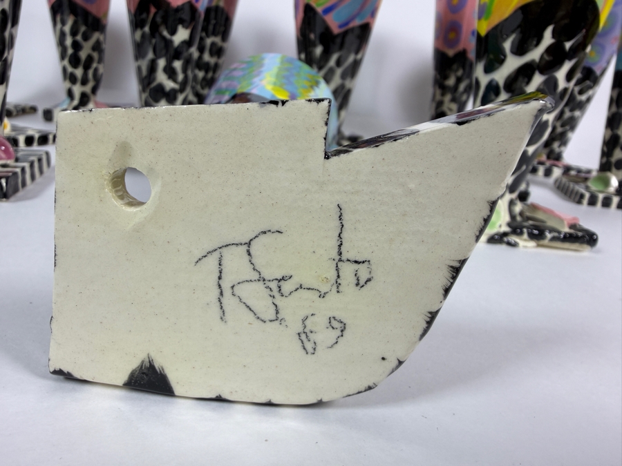 Just Added - (15) Retro 1980s Footed Hand Painted Ceramic Cups Signed Individually Underneath (Some Small Paint Chips In Several Cups) 6.5H [Photo 8]