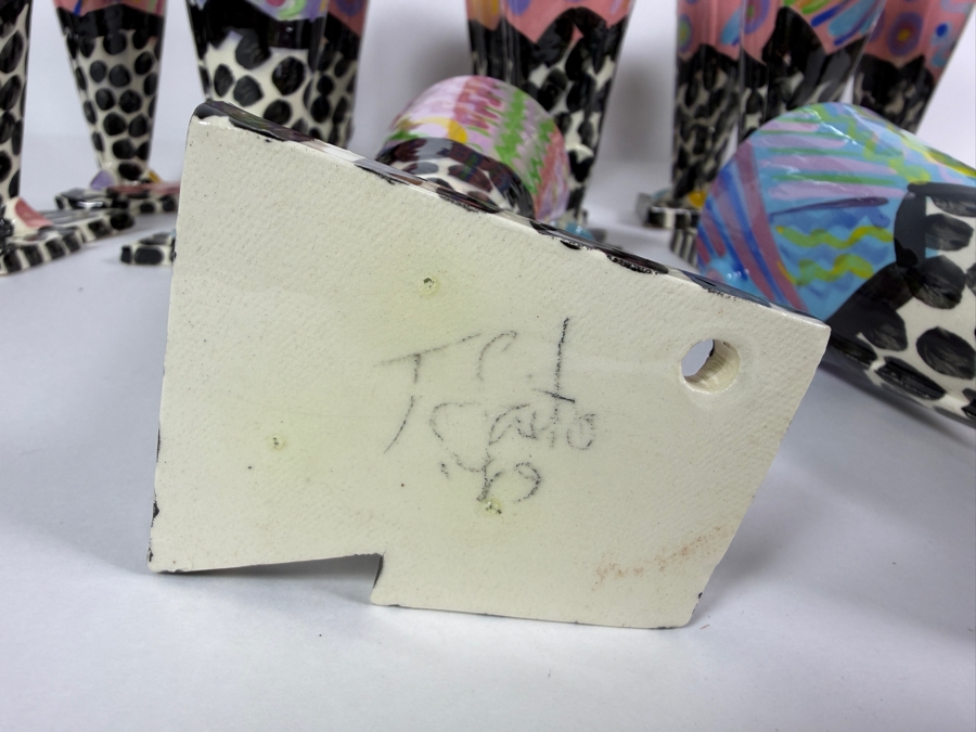 Just Added - (15) Retro 1980s Footed Hand Painted Ceramic Cups Signed Individually Underneath (Some Small Paint Chips In Several Cups) 6.5H [Photo 9]