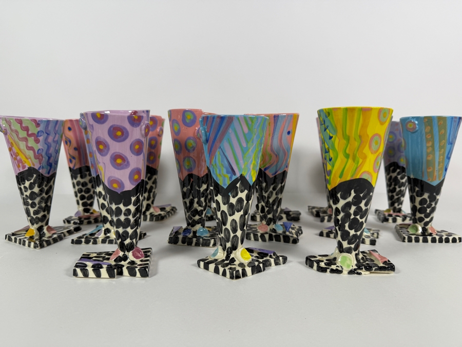 Just Added - (15) Retro 1980s Footed Hand Painted Ceramic Cups Signed Individually Underneath (Some Small Paint Chips In Several Cups) 6.5H [Photo 2]