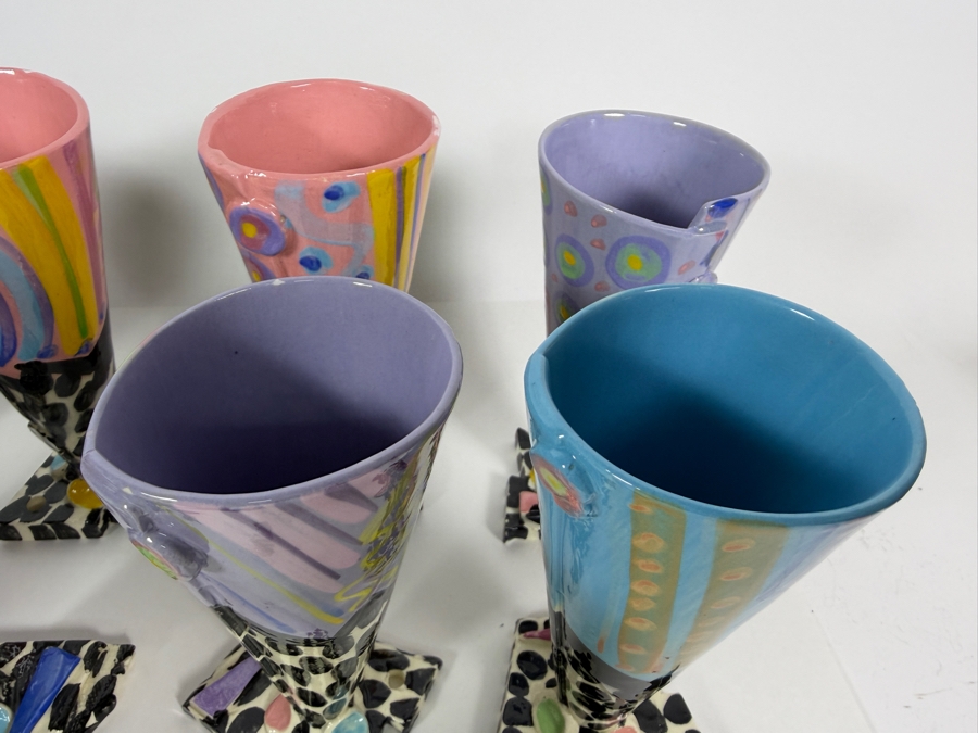 Just Added - (15) Retro 1980s Footed Hand Painted Ceramic Cups Signed Individually Underneath (Some Small Paint Chips In Several Cups) 6.5H [Photo 7]