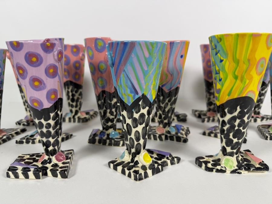 Just Added - (15) Retro 1980s Footed Hand Painted Ceramic Cups Signed Individually Underneath (Some Small Paint Chips In Several Cups) 6.5H [Photo 4]