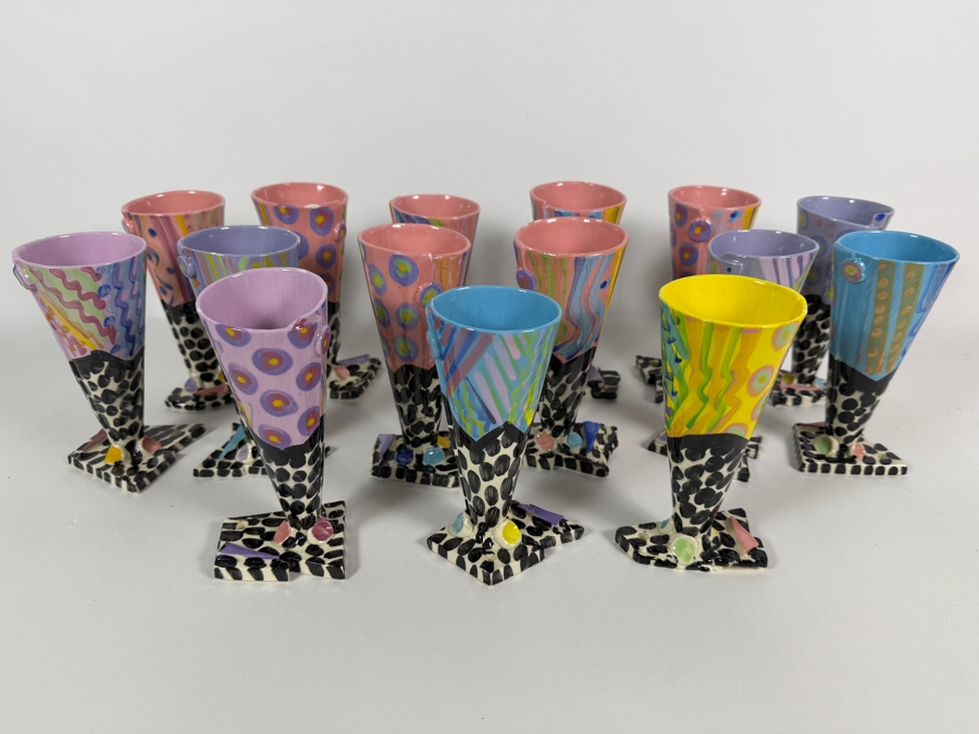 Just Added - (15) Retro 1980s Footed Hand Painted Ceramic Cups Signed Individually Underneath (Some Small Paint Chips In Several Cups) 6.5H [Photo 3]