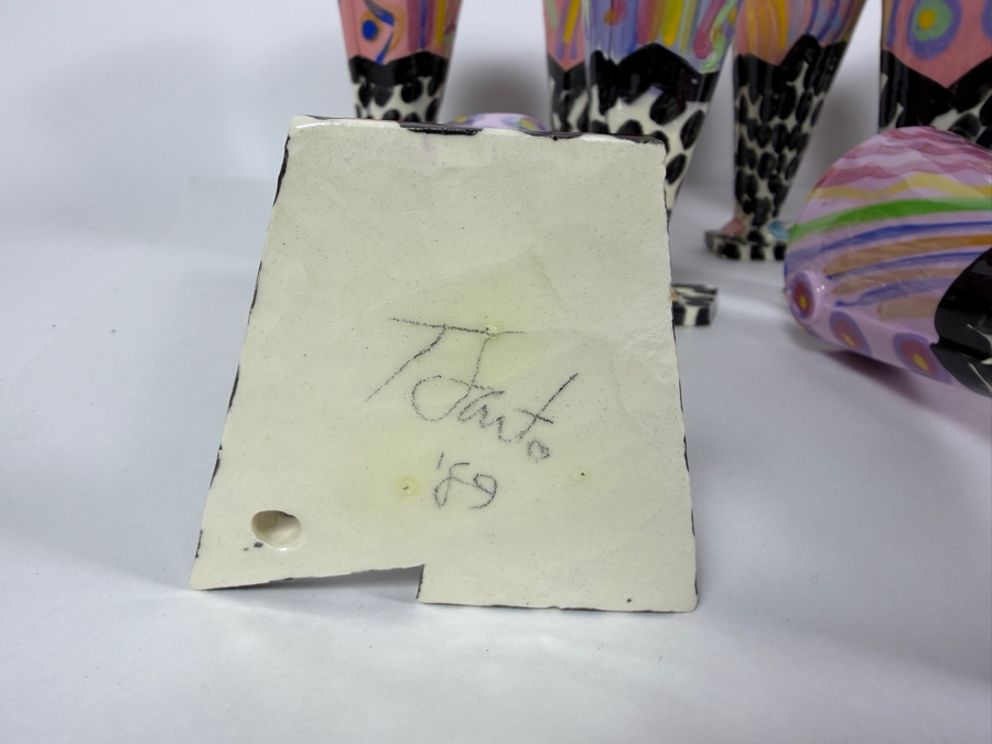 Just Added - (15) Retro 1980s Footed Hand Painted Ceramic Cups Signed Individually Underneath (Some Small Paint Chips In Several Cups) 6.5H [Photo 10]