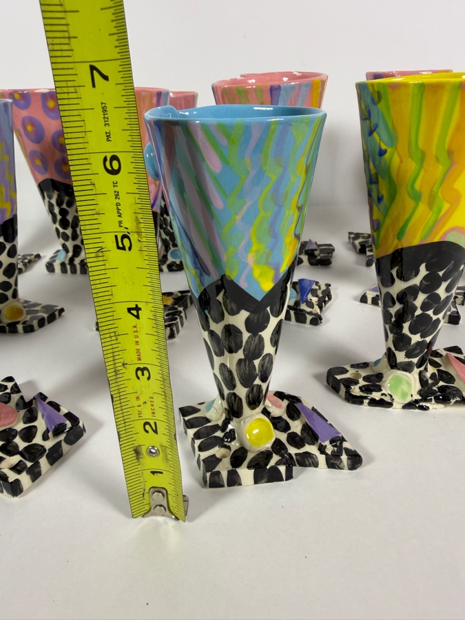 Just Added - (15) Retro 1980s Footed Hand Painted Ceramic Cups Signed Individually Underneath (Some Small Paint Chips In Several Cups) 6.5H [Photo 12]