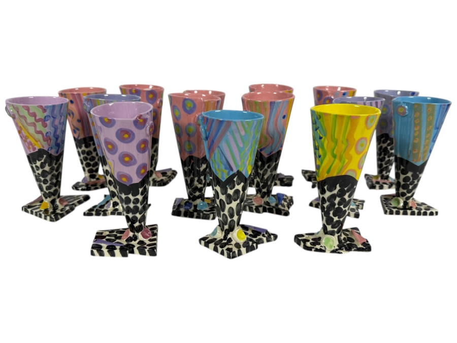 Just Added - (15) Retro 1980s Footed Hand Painted Ceramic Cups Signed Individually Underneath (Some Small Paint Chips In Several Cups) 6.5H