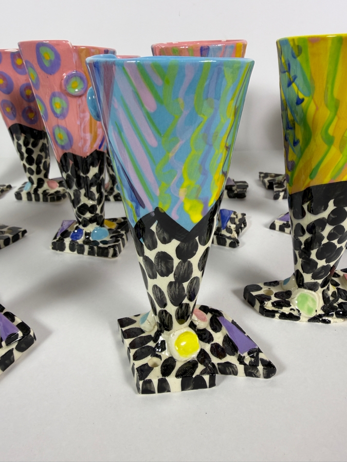 Just Added - (15) Retro 1980s Footed Hand Painted Ceramic Cups Signed Individually Underneath (Some Small Paint Chips In Several Cups) 6.5H [Photo 11]