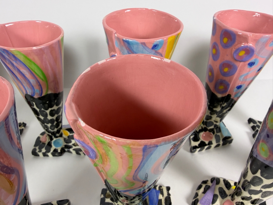 Just Added - (15) Retro 1980s Footed Hand Painted Ceramic Cups Signed Individually Underneath (Some Small Paint Chips In Several Cups) 6.5H [Photo 6]