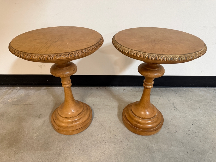 Pair Of Chinese Turned Wooden Round Side Tables 21W X 27.5H [Photo 2]