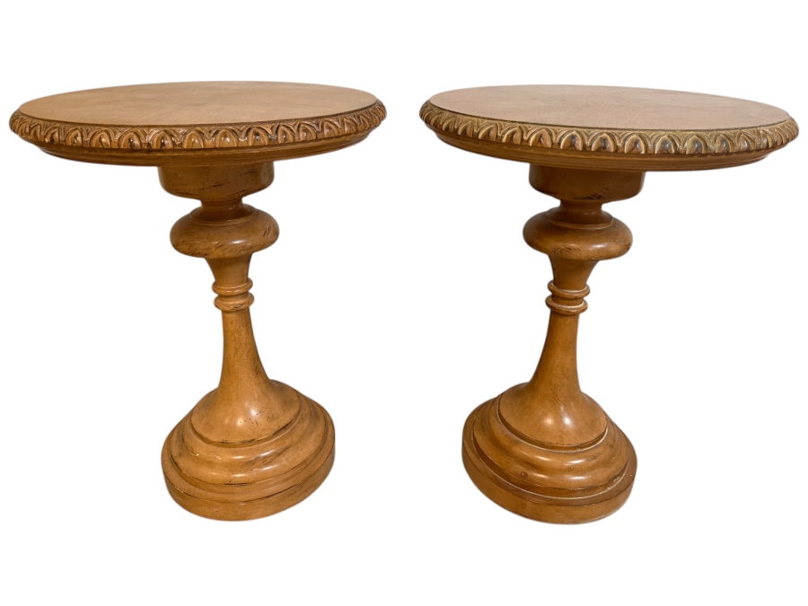 Pair Of Chinese Turned Wooden Round Side Tables 21W X 27.5H