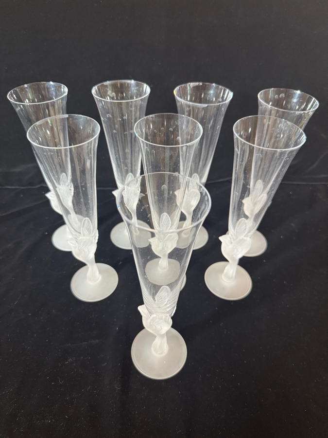 Just Added - Sasaki Wings Clear Crystal Champagne Flutes Frosted Bird Stem Set Of Eight 9.25'H [Photo 4]