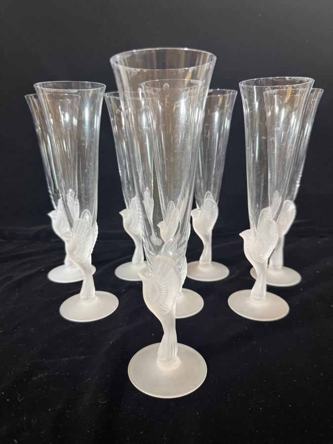 Just Added - Sasaki Wings Clear Crystal Champagne Flutes Frosted Bird Stem Set Of Eight 9.25'H [Photo 2]
