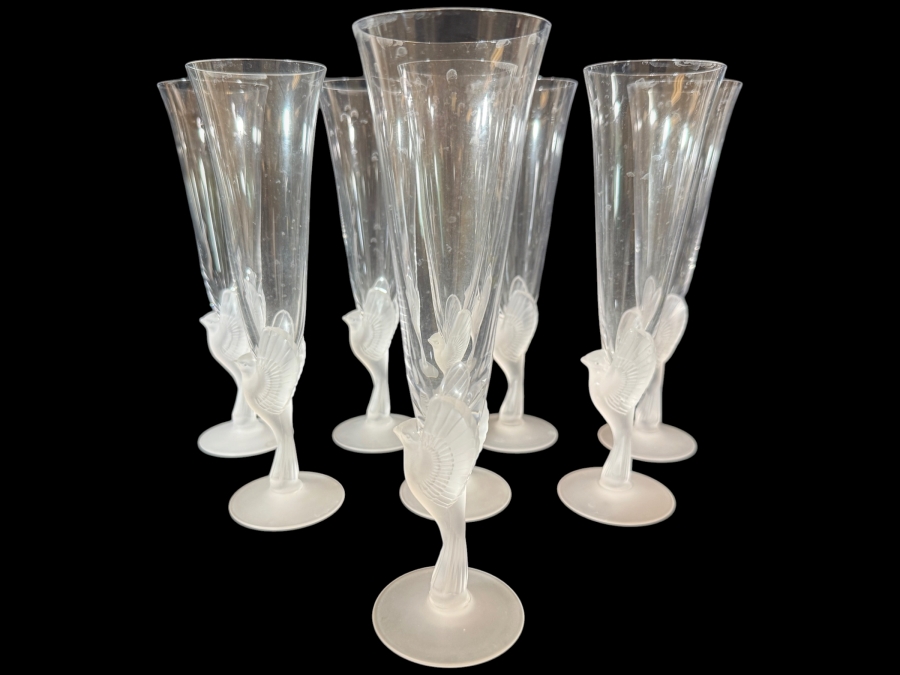 Just Added - Sasaki Wings Clear Crystal Champagne Flutes Frosted Bird Stem Set Of Eight 9.25'H