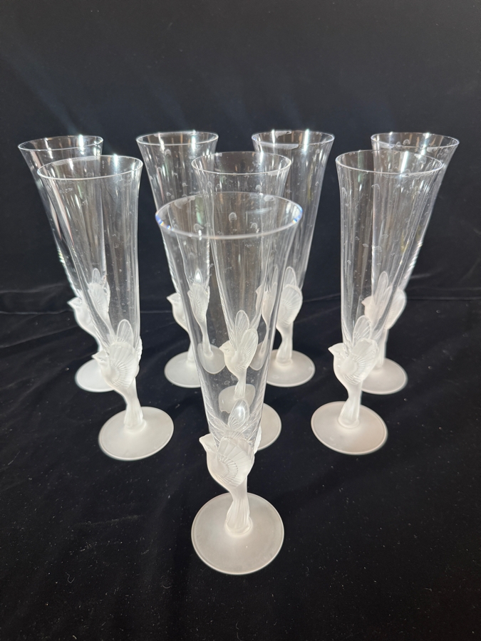 Just Added - Sasaki Wings Clear Crystal Champagne Flutes Frosted Bird Stem Set Of Eight 9.25'H [Photo 3]