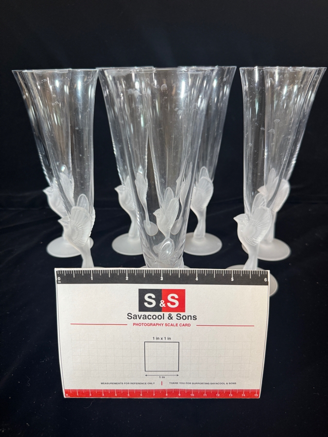 Just Added - Sasaki Wings Clear Crystal Champagne Flutes Frosted Bird Stem Set Of Eight 9.25'H [Photo 7]