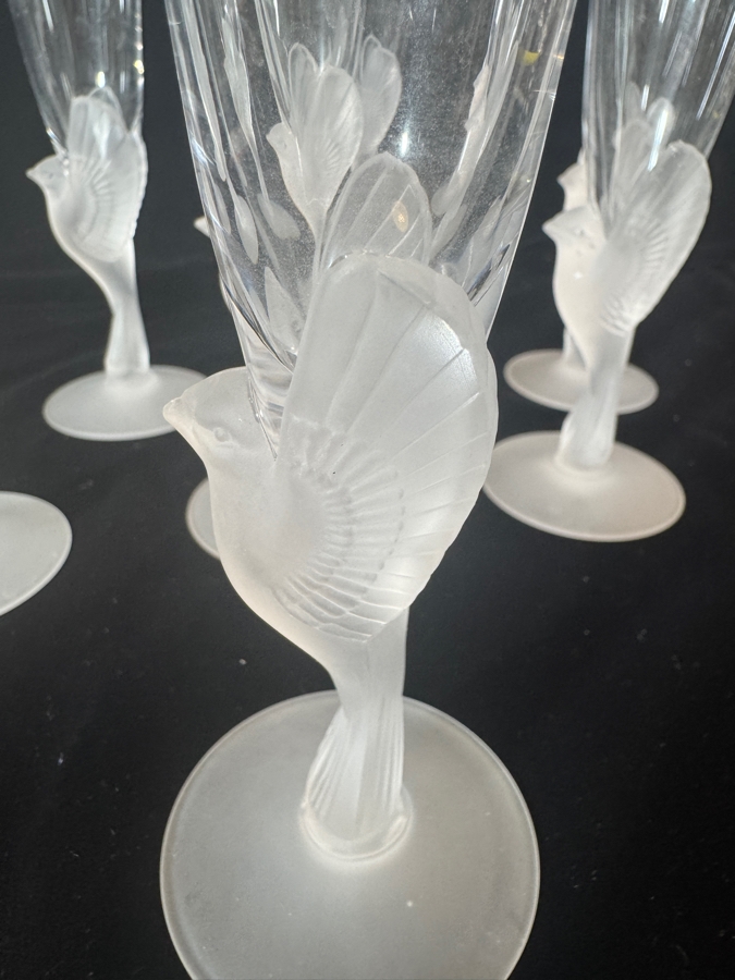 Just Added - Sasaki Wings Clear Crystal Champagne Flutes Frosted Bird Stem Set Of Eight 9.25'H [Photo 5]