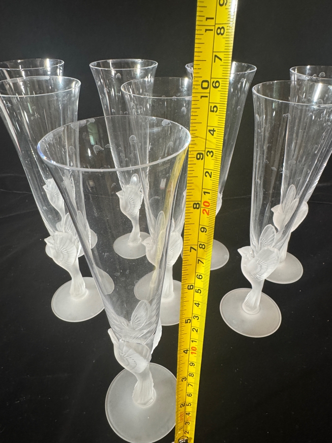 Just Added - Sasaki Wings Clear Crystal Champagne Flutes Frosted Bird Stem Set Of Eight 9.25'H [Photo 6]
