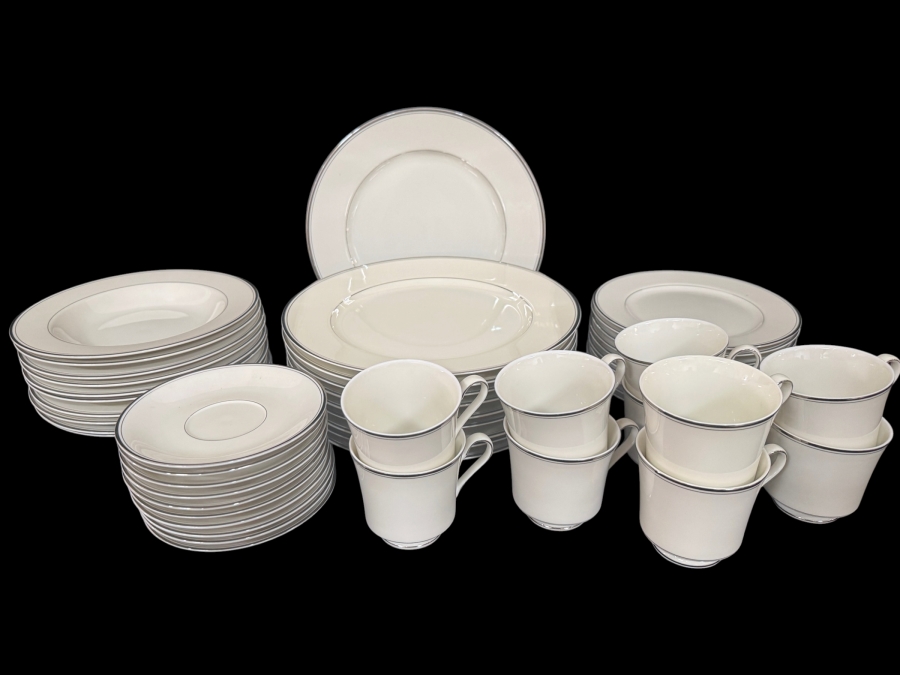Just Added - Mikasa Belair Ivory China Platinum Trim Dinnerware Plates Cups Saucers Collection