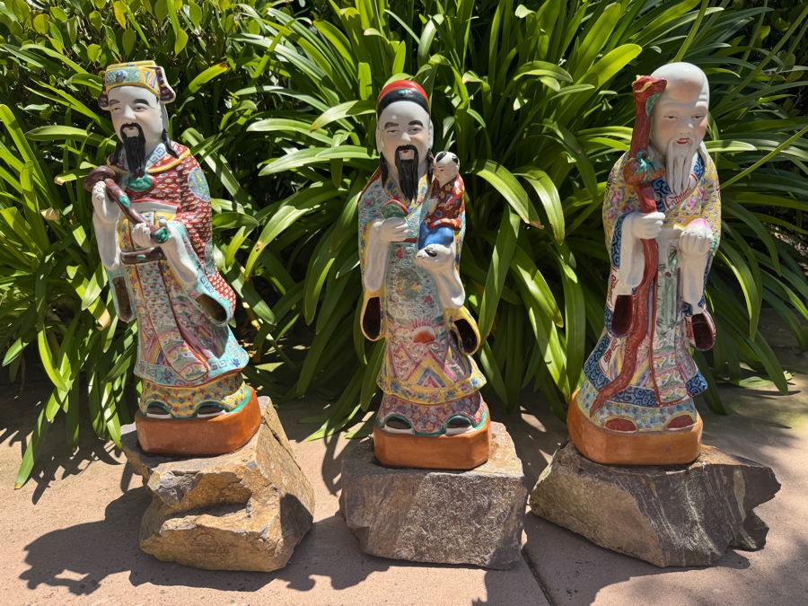 Just Added - Chinese Famille Rose Porcelain Fu Lu Shou Three Star Gods Garden Statues Set 27'H