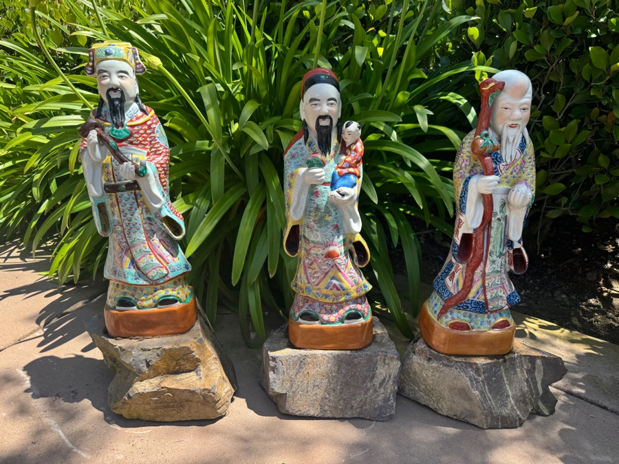 Just Added - Chinese Famille Rose Porcelain Fu Lu Shou Three Star Gods Garden Statues Set 27'H [Photo 2]